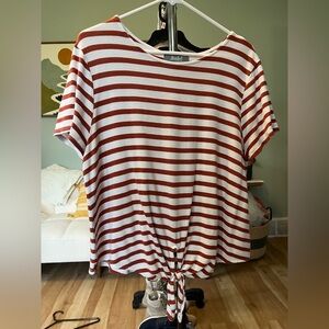 Marled Rust and White Stripe Tie-Front Short Sleeve Top